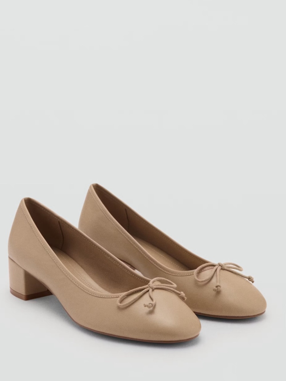 NWOB MANGO Beige Goatskin Leather Bow Block Heel Pumps Ballet Flats EU 37